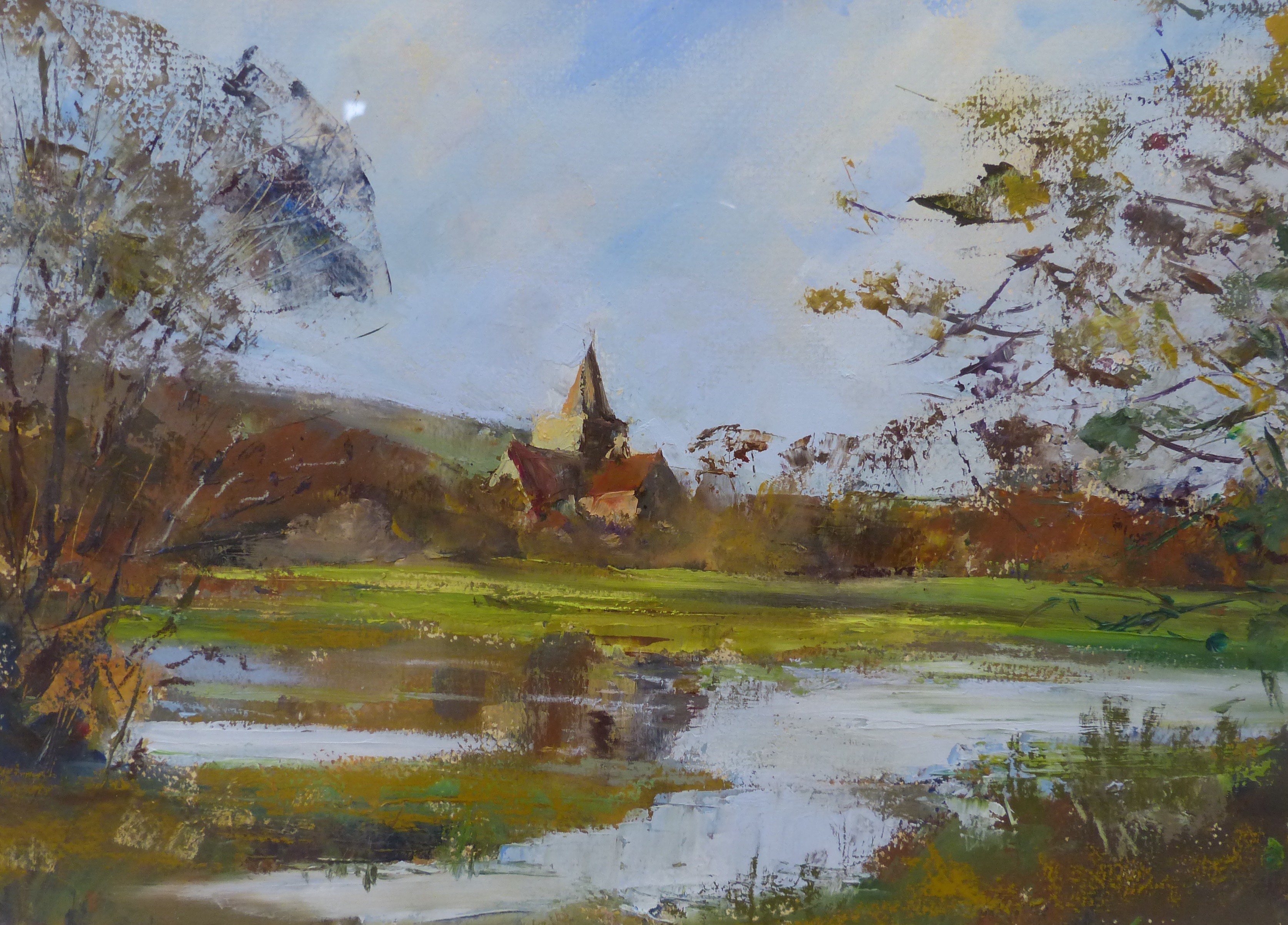 Sue Davies, oil on paper, View of Alfriston Church, 35 x 26cm